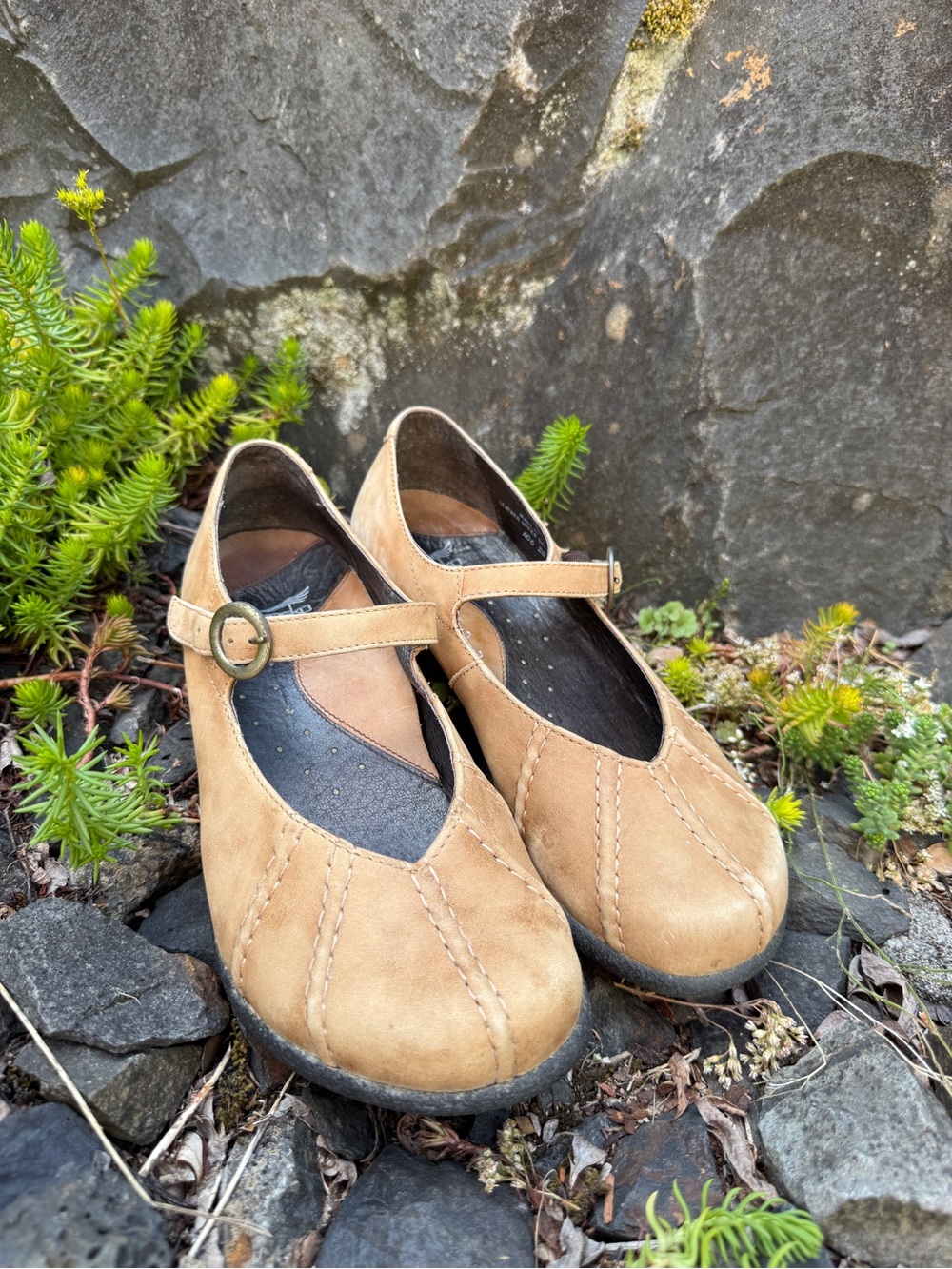 Dansko Tan Mary Jane Flats with Buckle Strap